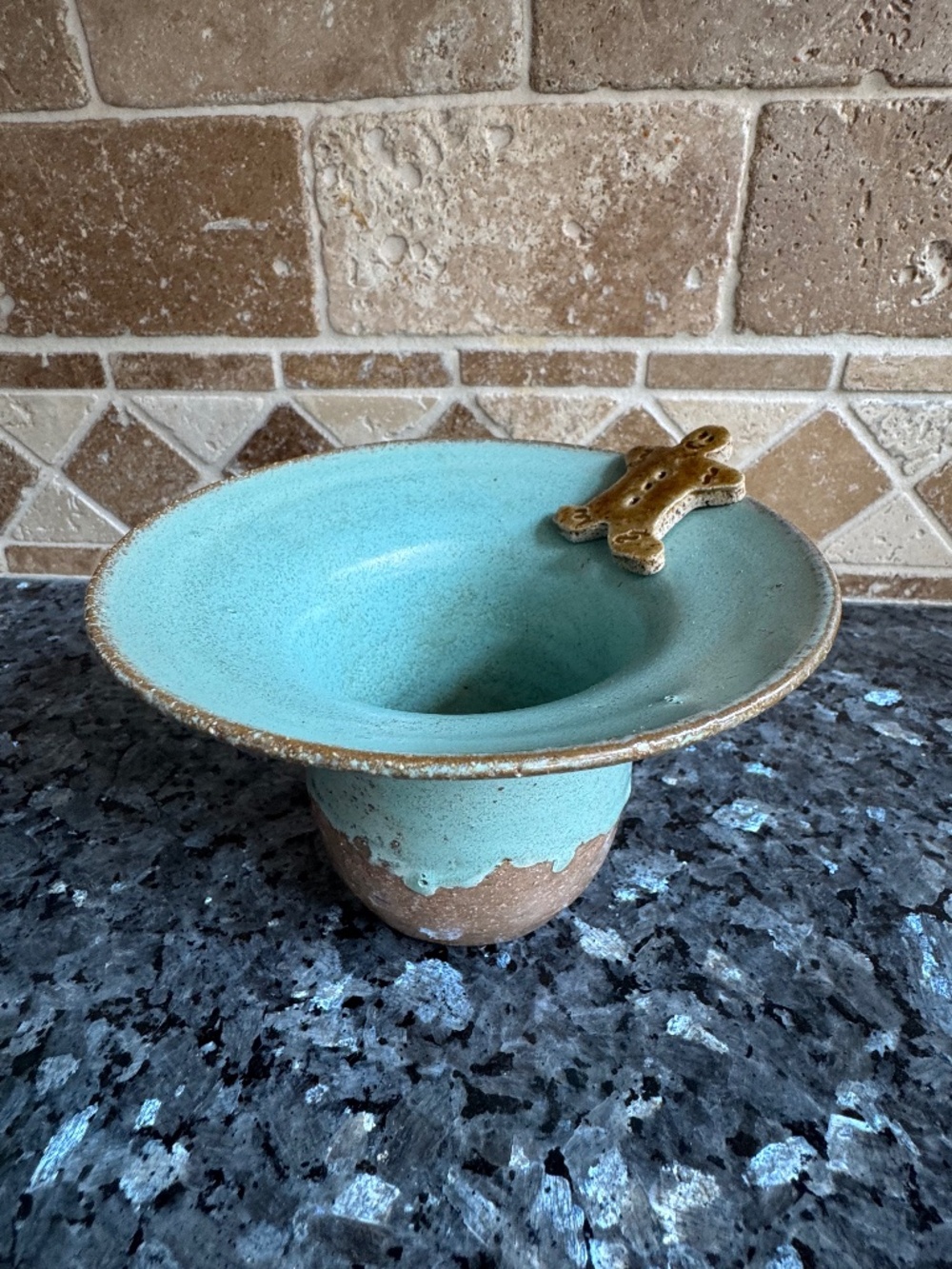 Very Pretty Hand-Made Pottery Blue & Brown Gingerbread Man "04